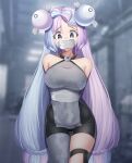  1girl arms_behind_back bare_shoulders bike_shorts blue_hair blurry blurry_background bow-shaped_hair breasts bt_(3212637) character_hair_ornament commentary_request eyelashes gag gagged grey_pantyhose hair_ornament highres improvised_gag iono_(pokemon) long_hair multicolored_hair pantyhose pokemon pokemon_(game) pokemon_sv purple_hair raised_eyebrows single_leg_pantyhose tape tape_gag thigh_strap twintails two-tone_hair 