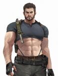  1boy abs alleveolive bara belt black_gloves black_pants black_shirt brown_belt chris_redfield closed_mouth cosplay cropped_shirt facial_hair fingerless_gloves gloves highres holster holstered knife_holster large_pectorals leon_s._kennedy leon_s._kennedy_(cosplay) male_focus muscular muscular_male navel pants pectorals resident_evil shirt shoulder_holster simple_background solo thong white_background 