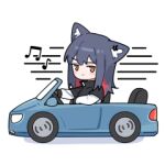  1girl ahoge animal_ears arknights beamed_eighth_notes black_gloves black_hair blush_stickers brown_eyes car chibi driving ear_piercing fingerless_gloves gloves huang_qing_ye id_card jacket lowres motor_vehicle musical_note piercing red_hair simple_background solo texas_(arknights) white_background white_jacket wolf_ears wolf_girl 