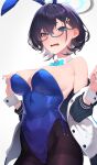  1girl animal_ears bare_shoulders black_hair blue_archive blue_eyes blue_leotard blush breasts brown_pantyhose chihiro_(blue_archive) cleavage covered_navel detached_collar fake_animal_ears glasses halo highleg highleg_leotard highres hikichi_sakuya jacket large_breasts leotard long_sleeves looking_at_viewer off_shoulder open_clothes open_jacket open_mouth pantyhose playboy_bunny rabbit_ears short_hair solo thighband_pantyhose white_jacket wrist_cuffs 