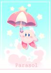  blue_eyes blue_sky closed_mouth cloud colored_skin commentary_request copy_ability english_text falling gradient_sky highres holding holding_umbrella kirby kirby_(series) light_blush looking_at_viewer no_humans outline parasol parasol_kirby pink_skin red_footwear red_umbrella shadow shirushiki shoes simple_background sky smile solo star_(symbol) straight-on two-tone_umbrella umbrella white_outline white_umbrella 