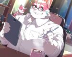  1boy :3 animal_ears bara character_doll collared_shirt commission cup drawing_tablet dutch_angle glasses grin highres holding holding_tablet_pc indoors large_pectorals leobongnana looking_at_viewer male_focus mug muscular muscular_male original pectorals pink_fur shirt short_hair smile solo tablet_pc thick_eyebrows upper_body white_hair window wolf_boy wolf_ears 