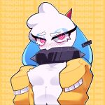  anthro baggy_clothing bovid breasts caprine clothed clothing collar english_text featureless_breasts female hi_res jacket looking_at_viewer mammal open_clothing open_jacket open_topwear ringed_eyes sheep sheerly_(artist) solo sweatshirt text text_background topwear 