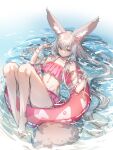  1girl animal_ear_fluff animal_ears bare_arms bare_legs bare_shoulders barefoot bikini closed_mouth commentary_request fox_ears fox_girl fox_tail grey_hair hair_between_eyes hands_up highres innertube long_hair looking_at_viewer original pink_bikini red_eyes solo swimsuit tail very_long_hair water yuuji_(yukimimi) 