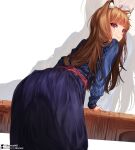  1girl animal_ear_fluff animal_ears anus arm_support ass blue_dress brown_hair closed_mouth dress highres holo leaning_forward likunea long_hair long_sleeves looking_at_viewer looking_back patreon_username red_eyes solo spice_and_wolf twitter_username wolf_ears wolf_girl 