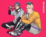  2019 2boys black_eyes black_leggings blue_hair dated drinking_straw full_body ghiaccio glasses green_hair green_lips green_nails grey_jacket grey_shorts highres holding jacket jojo_no_kimyou_na_bouken leggings lipstick makeup male_focus meron_nouka milk multiple_boys nail_polish pesci pink_background red_footwear shoes short_hair shorts sitting sneakers soda sweater vento_aureo wavy_hair white_footwear yellow_sweater 