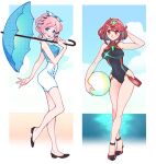  2girls arm_behind_head ball beachball black_footwear blue_eyes blush breasts commission covered_navel cupid_parasite full_body looking_at_viewer lynette_mirror multicolored_hair multiple_girls one-piece_swimsuit parasol pink_hair pyra_(pro_swimmer)_(xenoblade) pyra_(xenoblade) red_eyes red_hair smile standing swimsuit tiara umbrella vergolophus xenoblade_chronicles_(series) xenoblade_chronicles_2 