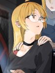  2girls ahoge bespectacled black_choker black_shirt blonde_hair bocchi_the_rock! breasts choker collarbone commentary_request detached_ahoge funi_mu9 glasses hand_on_another&#039;s_shoulder highres ijichi_nijika ijichi_seika indoors long_hair medium_breasts multiple_girls parted_lips red_eyes round_eyewear shirt siblings sisters upper_body 