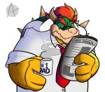  4_fingers anthro ashtione0 bowser clothing coffee_mug dress_shirt eyebrows eyewear fingers glasses hair horn koopa male mario_bros necktie newspaper nintendo red_eyes red_hair red_necktie rolled_up_sleeves scalie shell shirt simple_background solo spiked_shell spikes spikes_(anatomy) steam teeth thick_eyebrows topwear white_background white_clothing white_shirt white_topwear yellow_body 