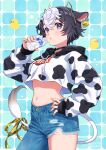  1girl animal_ears bird black_choker black_eyes black_hair blush bottle breasts buttons choker commentary_request cow_ears cow_girl cow_tail crop_top denim drinking duck ear_tag fake_animal_ears highres hood hood_down jeans jewelry large_breasts long_sleeves looking_at_viewer morikura_en navel original pants ribbon ring short_hair stomach tail white_hair yellow_ribbon 