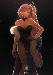  1girl breasts cleavage dress earrings evening_gown flower fur_shawl gloves hair_flower hair_ornament highres hololive jewelry landacdeus large_breasts long_hair looking_at_viewer pavolia_reine pendant_choker ponytail shawl side_slit smile solo very_long_hair 