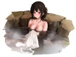  1girl artist_logo bath bathing black_hair blush breasts chitanda_eru collarbone holding holding_towel hyouka large_breasts long_hair mery_(yangmalgage) nude onsen parted_lips partially_submerged purple_eyes sidelocks simple_background solo steam sweat sweatdrop towel water wet 