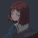  1girl absurdres artist_name breasts brick brick_wall cigarette english_text flcl grey_background halemary highres lips red_hair sailor_collar samejima_mamimi school_uniform simple_background smoke smoking solo 