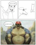  2023 alligator alligatorid anthro barazoku baseball_cap big_pecs canid canine clothed clothing colored comic crocodilian detailed duo front_view glare hat headgear headwear hi_res huzzhuz looking_at_viewer male mammal meme musclegut muscular musk narrowed_eyes open_clothing open_shirt open_topwear pecs reptile scalie shirt sketch slightly_chubby teeth topwear wet wet_body 