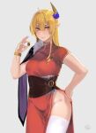  1girl blonde_hair bracelet breasts closed_mouth cowboy_shot dress elf grey_background hair_ornament highres holding hunyan jewelry long_hair looking_at_viewer medium_breasts original pointy_ears red_dress short_sleeves simple_background smile solo standing yellow_eyes 