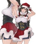  1girl armpits arms_behind_head black_hair breasts brown_corset capelet commentary corset final_fantasy final_fantasy_vii final_fantasy_vii_ever_crisis final_fantasy_vii_remake fur-trimmed_capelet fur-trimmed_headwear fur_trim gloves hat large_breasts lips long_hair mistletoe_hat_ornament official_alternate_costume parted_lips pink_lips pudelmudel red_capelet red_headwear santa_hat simple_background skirt sleeveless solo tifa_lockhart tifa_lockhart_(fairy_of_the_holy_flame) white_background 