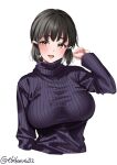  1girl black_hair blush breasts brown_eyes cropped_torso ebifurya hair_ornament hairclip hand_up highres kantai_collection large_breasts long_sleeves looking_at_viewer myoukou_(kancolle) one-hour_drawing_challenge open_mouth short_hair sidelocks simple_background smile solo sweater turtleneck turtleneck_sweater twitter_username upper_body white_background 