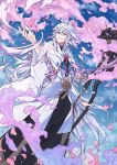  1boy ahoge bishounen fate/grand_order fate_(series) fingernails flower_knot grin hair_between_eyes highres holding holding_staff hooded_robe hua_(supa_jopa) long_hair long_sleeves magic male_focus merlin_(fate) petals ribbon robe smile solo staff twitter_username very_long_hair white_hair white_robe wide_sleeves 