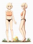  1girl absurdres ball barefoot beachball bikini blonde_hair bob_cut breasts collarbone commentary crossed_arms dirty dirty_feet feet full_body grass highres large_breasts looking_at_viewer lycoris_recoil mismatched_bikini multiple_views navel nishikigi_chisato official_alternate_costume open_hand red_eyes revision short_hair simple_background standing stomach swimsuit tbear toes white_background white_hair 