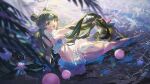  1girl absurdres breasts chinese_commentary cleavage commentary_request double_bun green_eyes green_hair hair_bun highres large_breasts long_hair open_mouth partially_submerged rafaelaaa shiue_(world_flipper) solo twintails very_long_hair water world_flipper 