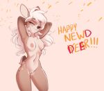  2022 anthro breasts brown_body brown_fur deer digital_media_(artwork) english_text eyes_closed female fur genitals hair hands_behind_head mammal navel nipples nude pink_background pussy sharemyshipment simple_background smile solo standing text white_hair 
