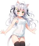  1girl ahoge animal_ear_fluff animal_ears bare_arms bare_shoulders black_bow black_thighhighs blush bow breasts brown_eyes cat_ears cat_girl cat_tail chestnut_mouth cleavage collarbone commentary_request covered_navel double_bun grey_hair hair_between_eyes hair_bow hair_bun hair_intakes hanamiya_natsuka looking_at_viewer old_school_swimsuit one-piece_swimsuit original parted_lips school_swimsuit simple_background small_breasts solo strap_slip swimsuit tail thighhighs two_side_up white_background white_one-piece_swimsuit 