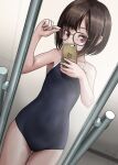  1girl apple_inc. black_hair black_neckerchief black_one-piece_swimsuit cellphone commentary_request cowboy_shot emoji glasses highres holding holding_phone iphone long_sleeves looking_at_viewer mirror navel neckerchief one-piece_swimsuit original phone reflection rohitsuka school_swimsuit selfie short_hair smartphone solo swimsuit swimsuit_under_clothes taking_picture thigh_gap 