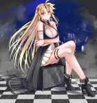  1girl ass blonde_hair blush breasts choker cleavage closed_mouth fate_testarossa full_body high_heels highres idol large_breasts long_hair looking_at_viewer lyrical_nanoha mahou_shoujo_lyrical_nanoha_strikers microphone miniskirt red_eyes skirt smile solo sougetsu_izuki 