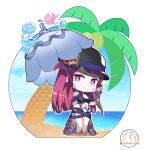  1girl beach black_headwear blue_one-piece_swimsuit chibi cocktail_glass cup drink drinking_glass fire_emblem fire_emblem_engage fire_emblem_heroes flower glass highres holding ivy_(fire_emblem) ivy_(summer)_(fire_emblem) komurice long_hair looking_at_viewer ocean official_alternate_costume one-piece_swimsuit palm_tree parasol purple_eyes purple_hair swimsuit tree umbrella 
