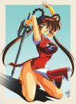  1990s_(style) 1girl bracelet breasts brown_hair china_dress chinese_clothes danmakuman dress green_eyes highres holding holding_sword holding_weapon jewelry large_breasts long_hair mamono_hunter_youko mano_youko pelvic_curtain red_dress red_footwear retro_artstyle shoes solo sword twintails weapon yin_yang 