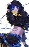  1boy absurdres adjusting_hood arm_up black_gloves blue_eyes blue_hair fingerless_gloves gloves highres hood hood_up hooded_jacket jacket kaito_(vocaloid) long_sleeves looking_at_viewer male_focus midriff navel open_mouth parang_99 short_hair solo translation_request vocaloid white_background 