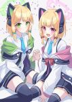  2girls :d absurdres animal_ear_headphones animal_ears between_legs black_shorts black_skirt black_thighhighs blonde_hair blue_archive blue_bow blue_necktie blush bow breasts cat_ear_headphones cat_ears closed_mouth collared_shirt commentary fake_animal_ears green_eyes green_halo hair_bow halo hand_between_legs hand_up headphones highres holding_hands interlocked_fingers jacket long_sleeves looking_at_viewer low_tied_sidelocks midori_(blue_archive) miniskirt momoi_(blue_archive) multiple_girls necktie off_shoulder open_mouth pink_eyes pink_halo pleated_skirt ramie_(ramie541) red_bow revision shirt short_hair short_necktie short_shorts shorts siblings simple_background sisters sitting skirt small_breasts smile suspender_skirt suspenders teeth thighhighs twins upper_teeth_only wariza white_background white_jacket white_shirt 