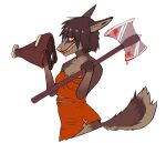  2011 anthro axe blood blood_on_face blood_on_weapon bodily_fluids breasts brown_body brown_fur brown_hair cleavage clothed clothing digital_media_(artwork) female fur hair holding_object holding_weapon kaitycuddle looking_at_viewer mask red_eyes simple_background smile solo teeth torn_clothing weapon 
