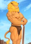  anthro bandai_namco digimon digimon_(species) hi_res leomon male melee_weapon muscular muscular_male nara64064 nipples pecs simple_background solo sword weapon 