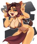  2023 absurd_res activision alyssa_bandicoot_(oc) anthro armlet bandicoot beauty_mark bent_over big_breasts bottomwear bra breasts brown_hair cleavage clothed clothing collar costume crash_bandicoot crash_bandicoot_(series) double_v_sign eyebrows eyelashes fan_character female fur gesture glistening glistening_breasts green_eyes hair hi_res lipstick loincloth looking_at_viewer magaska19 makeup mammal markings marsupial mole_(marking) navel notched_ear one_eye_closed open_mouth open_smile slave_leia_costume smile solo star_wars tan_body tan_fur underwear v_sign wink 