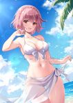  1girl :d bare_arms bare_shoulders bikini blue_sky braid breasts cloud commentary_request commission cowboy_shot crown_braid date_a_live day large_breasts looking_at_viewer navel open_mouth pink_eyes pink_hair sarong sebu_illust short_hair sky smile solo sonogami_rinne standing stomach swimsuit thighs watermark white_bikini 