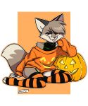  anthro brown_eyes canid canine canis clothed clothing digital_drawing_(artwork) digital_media_(artwork) food fox fruit girly hair halloween hi_res holidays jack-o&#039;-lantern legwear looking_at_viewer male mammal off_shoulder pattern_clothing pattern_legwear plant pumpkin simple_background smile solo stockings striped_clothing striped_legwear stripes sweater tail text tongue tongue_out topwear ziggy_fox 
