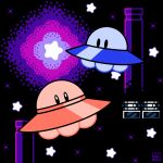  black_background black_eyes flying highres kirby kirby&#039;s_adventure kirby_(series) limited_palette no_humans pillar sasakinao solid_oval_eyes sparkle star_(symbol) ufo ufo_(kirby) 