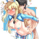  1boy 1girl absurdres animal_ears artoria_caster_(swimsuit)_(second_ascension)_(fate) black_hair black_necktie blonde_hair blue_pantyhose blush blush_stickers closed_mouth clothed_female_nude_male crotchless crotchless_pantyhose detached_collar ebora fake_animal_ears fake_tail fate/grand_order fate_(series) frontless_outfit fujimaru_ritsuka_(male) full-face_blush green_eyes heart_maebari heart_pasties hetero highres long_hair maebari meme_attire navel necktie nude pantyhose pasties pout rabbit_ears rabbit_tail reverse_bunnysuit reverse_outfit sex sex_from_behind short_hair shrug_(clothing) standing standing_sex sweat tail twintails two-tone_background white_wrist_cuffs wide-eyed 