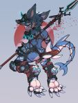  4_toes absurd_res alanisawolf777 ankle_tuft anthro armor blue_body blue_fur butt claws digitigrade fangs feet fur hi_res hybrid kemono leg_tuft looking_back male rear_view red_eyes smile soles solo teeth toe_claws toes tuft 