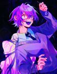  1girl abnormality_dancin&#039;_girl_(vocaloid) arm_up black_necktie blush collared_shirt colorful commentary flower_(vocaloid) hair_between_eyes highres himanemuitoma holding holding_needle long_sleeves messy_hair necktie needle open_mouth purple_eyes purple_hair purple_sweater purple_theme shirt short_hair solo sweater vocaloid 