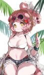  1girl :3 ahoge animal_ears animal_on_head arknights bikini bikini_under_clothes bikini_under_shorts black_bracelet blue_shorts breasts bright_pupils brown_headwear cat cat_ears cat_girl cat_on_head cat_tail cleavage cowboy_shot eyewear_on_head floppy_ears food-themed_hair_ornament goldenglow_(arknights) goldenglow_(summer_flowers)_(arknights) hair_ornament hairclip hat highres holding infection_monitor_(arknights) kkaebing large_breasts looking_at_viewer micro_shorts navel official_alternate_costume on_head palm_leaf pink_hair purple-tinted_eyewear round_eyewear short_hair shorts simple_background sitting solo stomach sunglasses swimsuit tail thighs tinted_eyewear watermelon_hair_ornament white_background white_bikini white_pupils yellow_eyes 