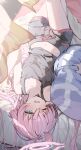  1girl absurdres ahoge bed bed_sheet black_shirt black_shorts blue_archive blue_eyes halo highres hoshino_(blue_archive) looking_at_viewer lying ningen_mame on_back on_bed one_eye_closed open_mouth pink_hair pink_halo shirt shorts sleepy solo 