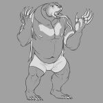  anthro awarebear bear bottomwear briefs claws clothing fur grey_background long_claws long_tongue male mammal muscular muscular_anthro muscular_male navel nipples pawpads sharp_claws simple_background snout solo standing sun_bear tongue topwear torn_clothing torn_topwear underwear ursine were wereursid 