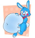  anthro belly big_belly blue_body blue_fur blue_hair bodily_fluids bow_tie buckteeth cheek_markings cheek_tuft deep_navel drooling eyelashes facial_markings facial_tuft five_nights_at_freddy&#039;s five_nights_at_freddy&#039;s_2 fluffy fluffy_tail foamytail fur glistening glistening_belly green_eyes hair head_markings hi_res holding_belly inflation lagomorph leporid male mammal markings navel overweight overweight_male pawpads rabbit red_body red_fur saliva scottgames short_hair simple_background solo tail teeth toy_bonnie_(fnaf) tuft 