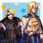  alfred_(fire_emblem) alfred_(fire_emblem)_(cosplay) armor ascot black_gloves blonde_hair blue_cape cape cosplay costume_switch dimitri_alexandre_blaiddyd dimitri_alexandre_blaiddyd_(cosplay) eyepatch fire_emblem fire_emblem:_three_houses fire_emblem_engage fur_trim gloves green_eyes gzei hair_between_eyes highres long_sleeves looking_at_another male_focus one_eye_closed open_mouth short_hair smile yellow_ascot 