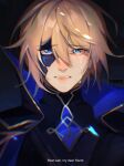  1boy black_background black_cape black_mask blonde_hair blue_eyes cape collared_cape commentary crying crying_with_eyes_open dainsleif_(genshin_impact) english_commentary english_text genshin_impact gold_trim hair_between_eyes half_mask highres looking_at_viewer male_focus mask mask_over_one_eye parted_lips popped_collar raised_eyebrows short_hair sidelocks simple_background solo sparkle subtitled tears teeth turtleneck two-sided_cape two-sided_fabric upper_body yunewo 
