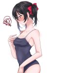  1girl bare_shoulders black_hair blue_one-piece_swimsuit blush bow breasts collarbone commentary_request covered_navel embarrassed hair_bow hair_ornament hand_on_own_chest highleg highleg_swimsuit highres long_hair love_live! love_live!_school_idol_project mei_hinamatsu one-piece_swimsuit red_bow red_eyes simple_background small_breasts solo swimsuit tight_clothes twintails upper_body white_background yazawa_nico 