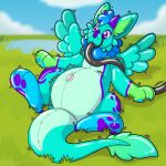  animate_inanimate anthro blue_body dragon feathered_wings feathers hi_res horn inflatable inflation living_inflatable mane paws pool_toy purple__eyes symrea wings 