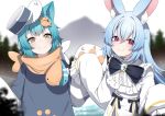  2girls :3 absurdres animal_ear_fluff animal_hands aqua_hair black_ribbon blue_hair blurry brooch cat_girl cat_paws depth_of_field dress frilled_dress frills green_eyes hat highres indie_virtual_youtuber jewelry krumroll multiple_girls nanobites orange_scarf rabbit_girl red_eyes ribbon scarf sleeves_past_fingers sleeves_past_wrists smug valefal_coneri virtual_youtuber white_dress 